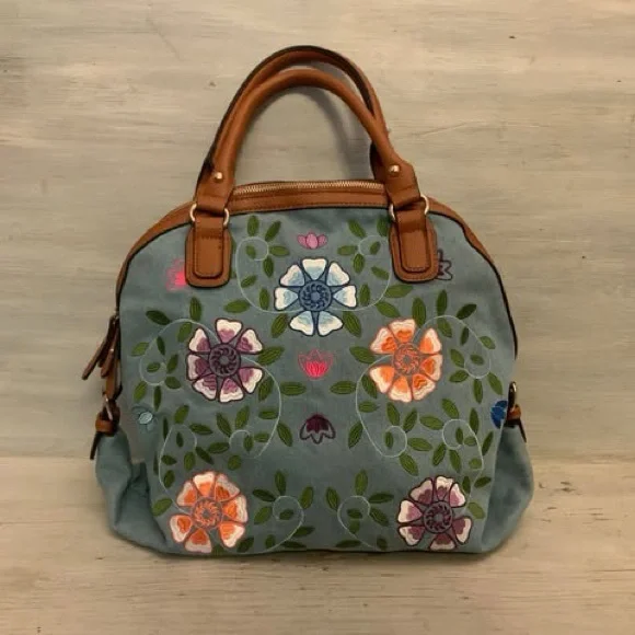 Cato Embroidered Flower Print Denim Brown Faux Leather Handbag Purse Like New - Picture 1 of 8
